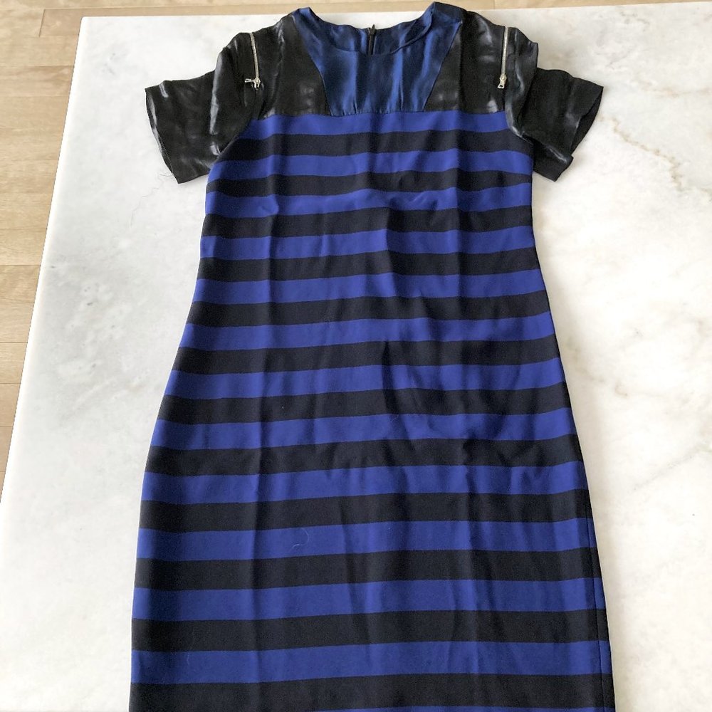Sandro black & blue striped short sleeve dress, zipper detail, round neck (L)